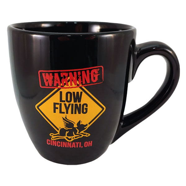 Warning Low Flying Pig Black Mug